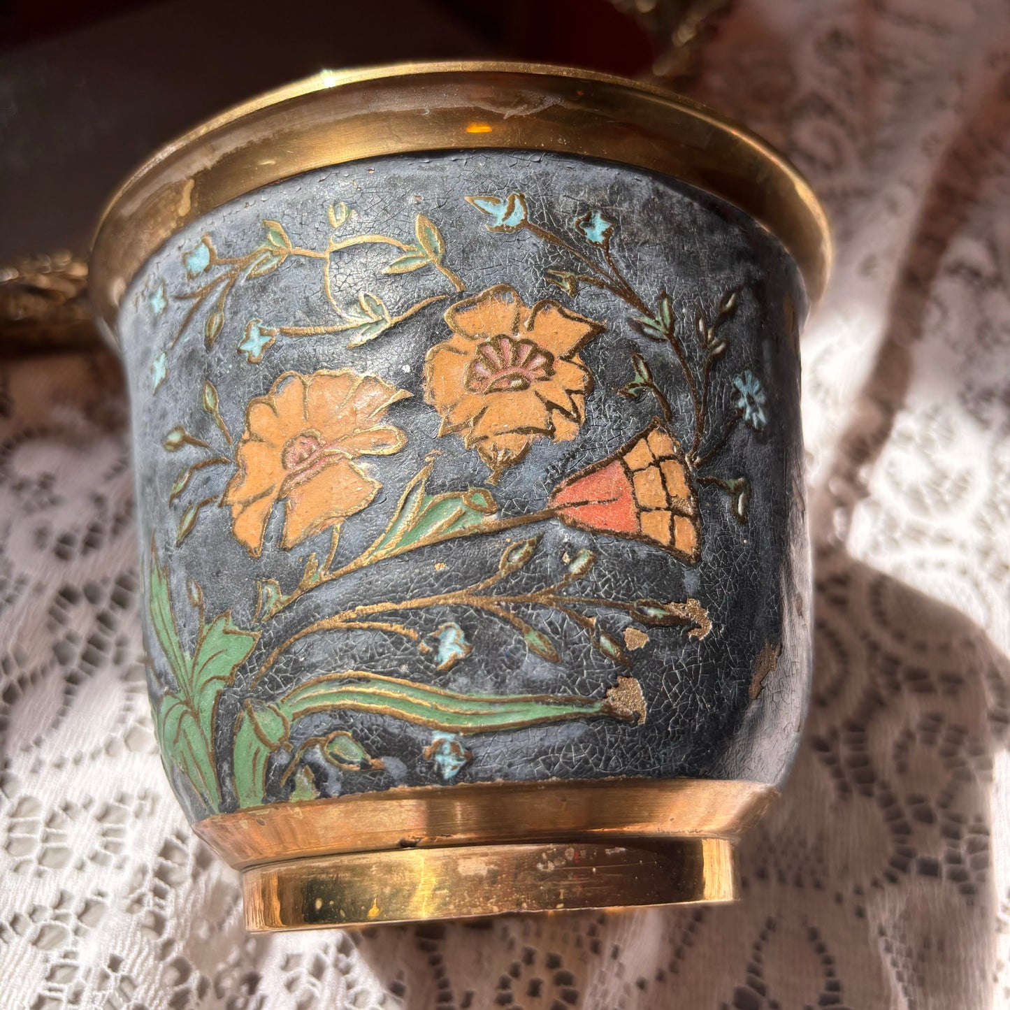 Cloisonné Floral Brass Pot