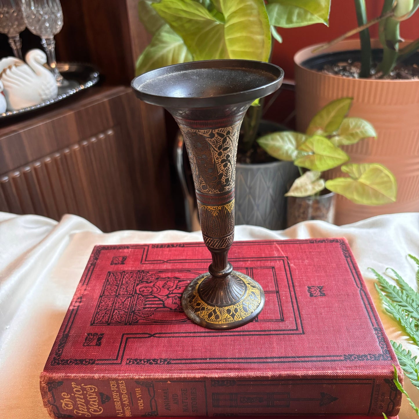 Brass Floral Enamel Vase/ Candleholder