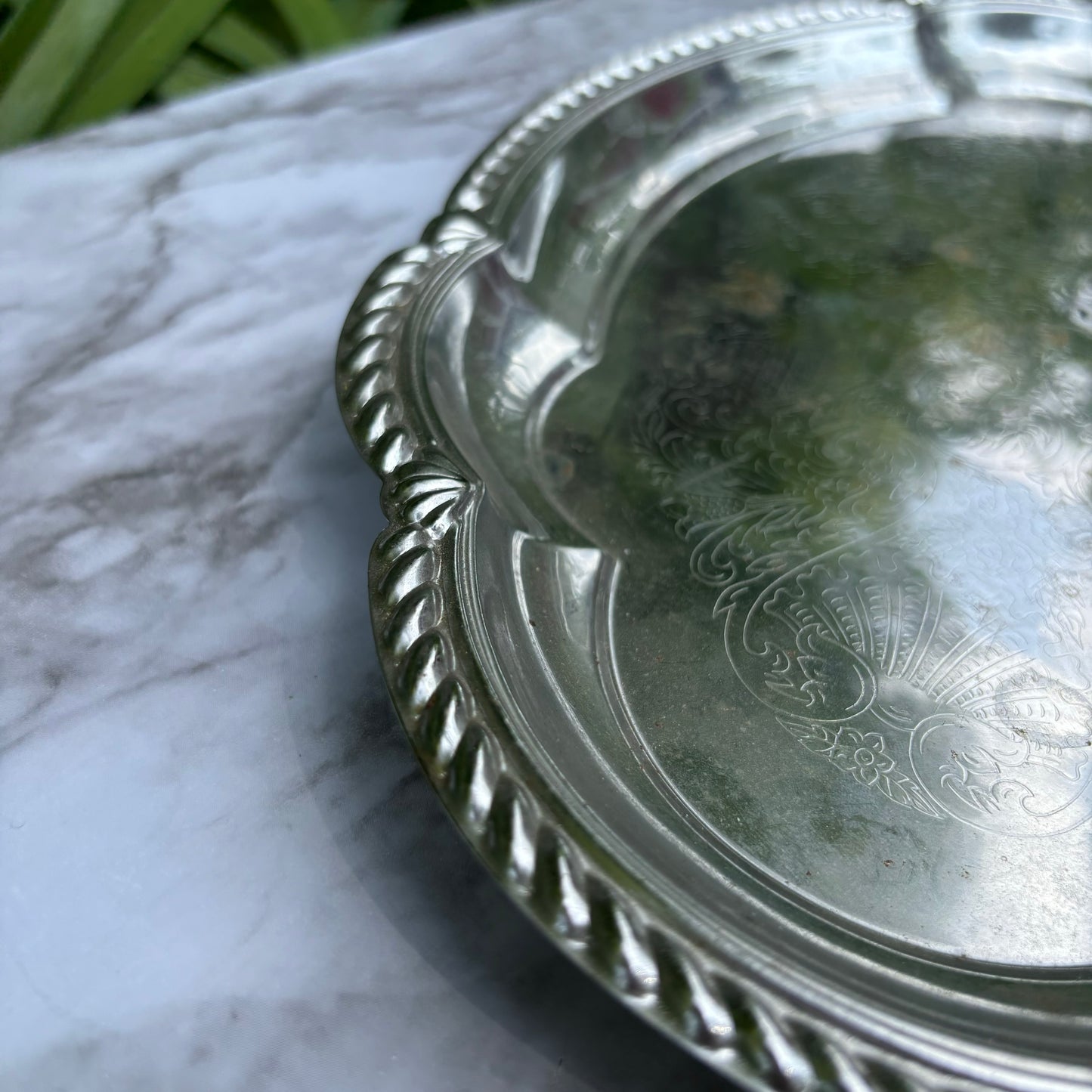 Ornate Oval Etched Metal Serving Tray