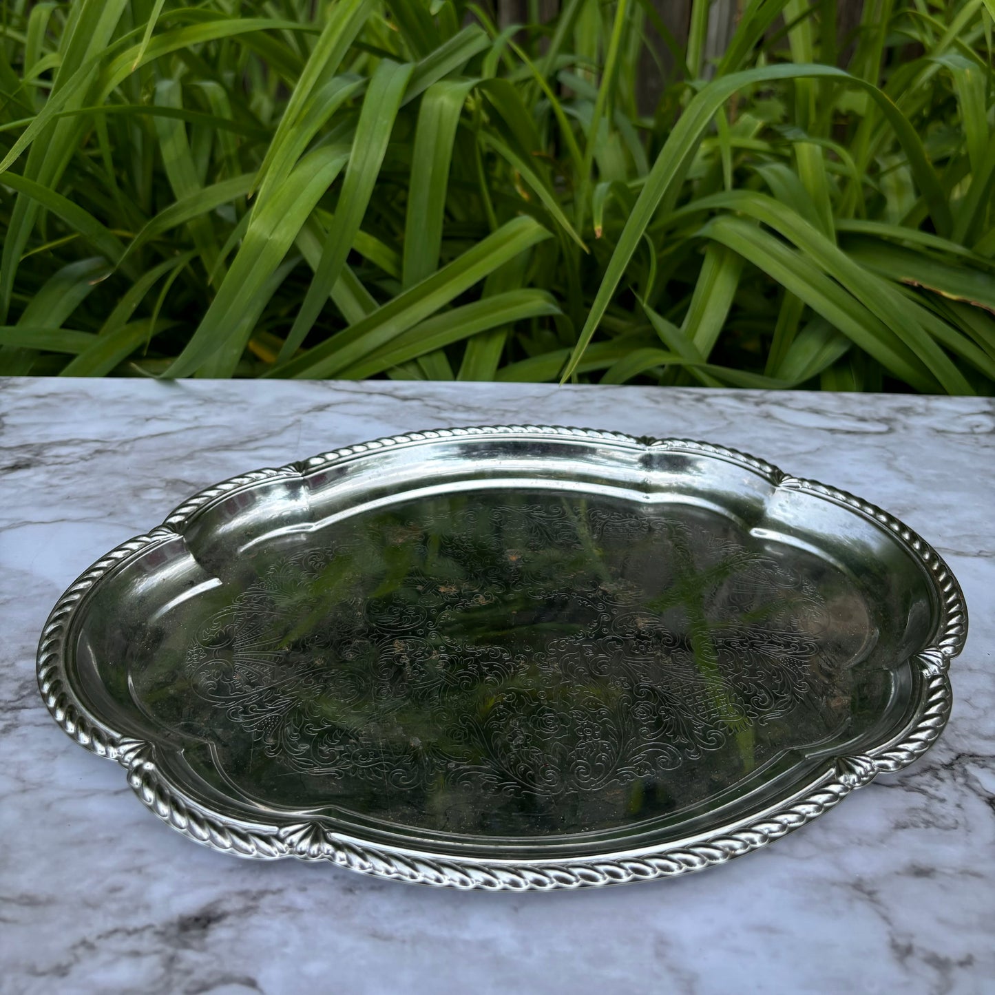 Ornate Oval Etched Metal Serving Tray