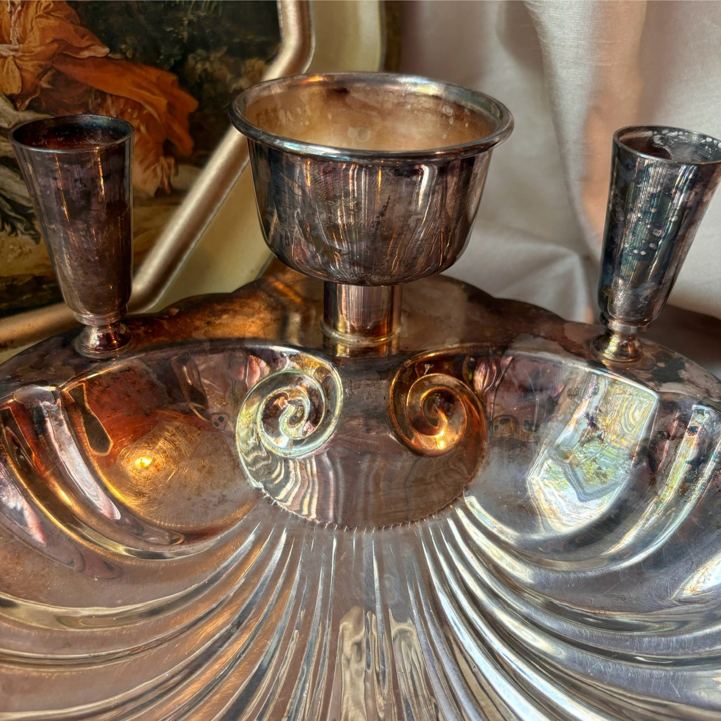 Silver-Plated Shell Clam Serving Dish With Candleholders