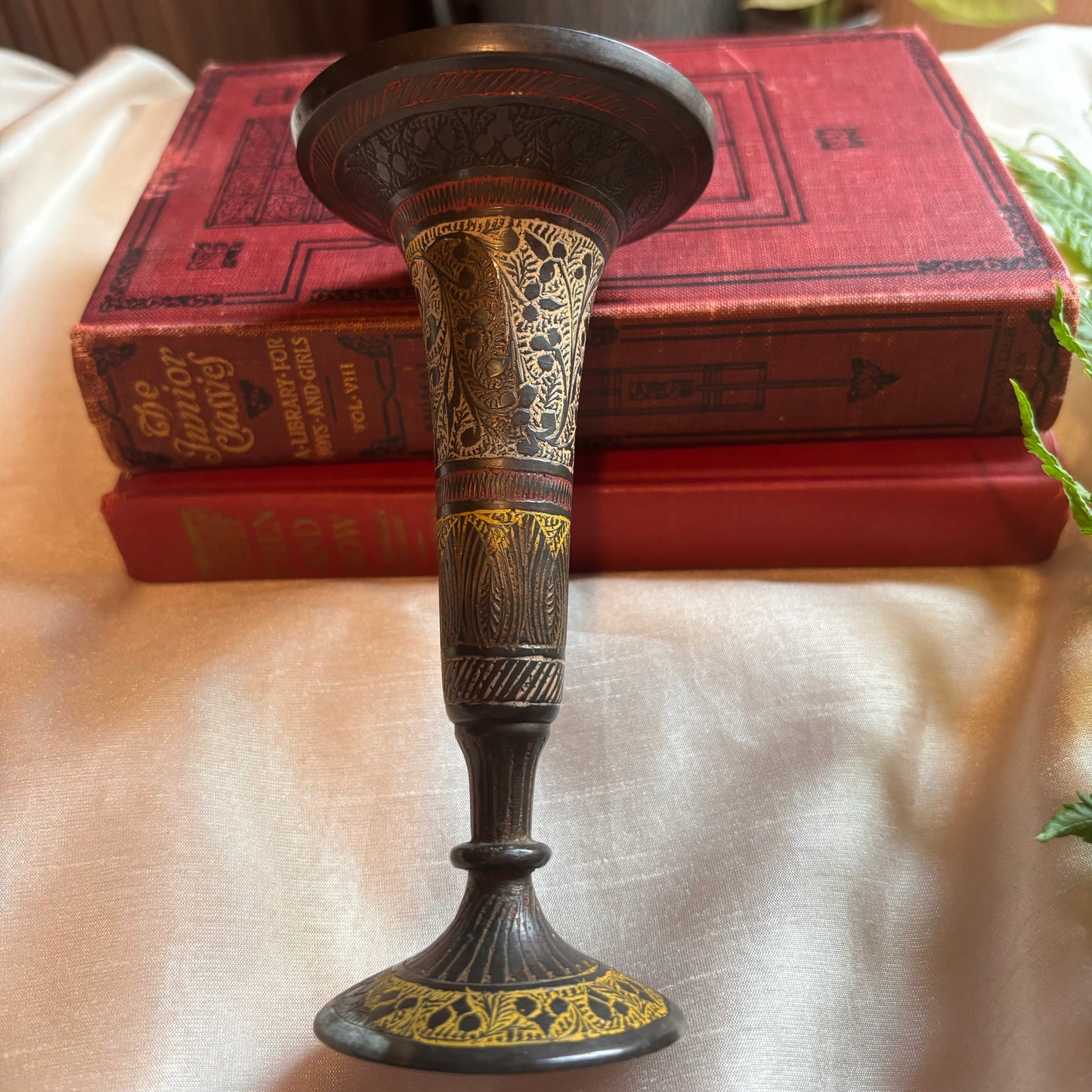 Brass Floral Enamel Vase/ Candleholder