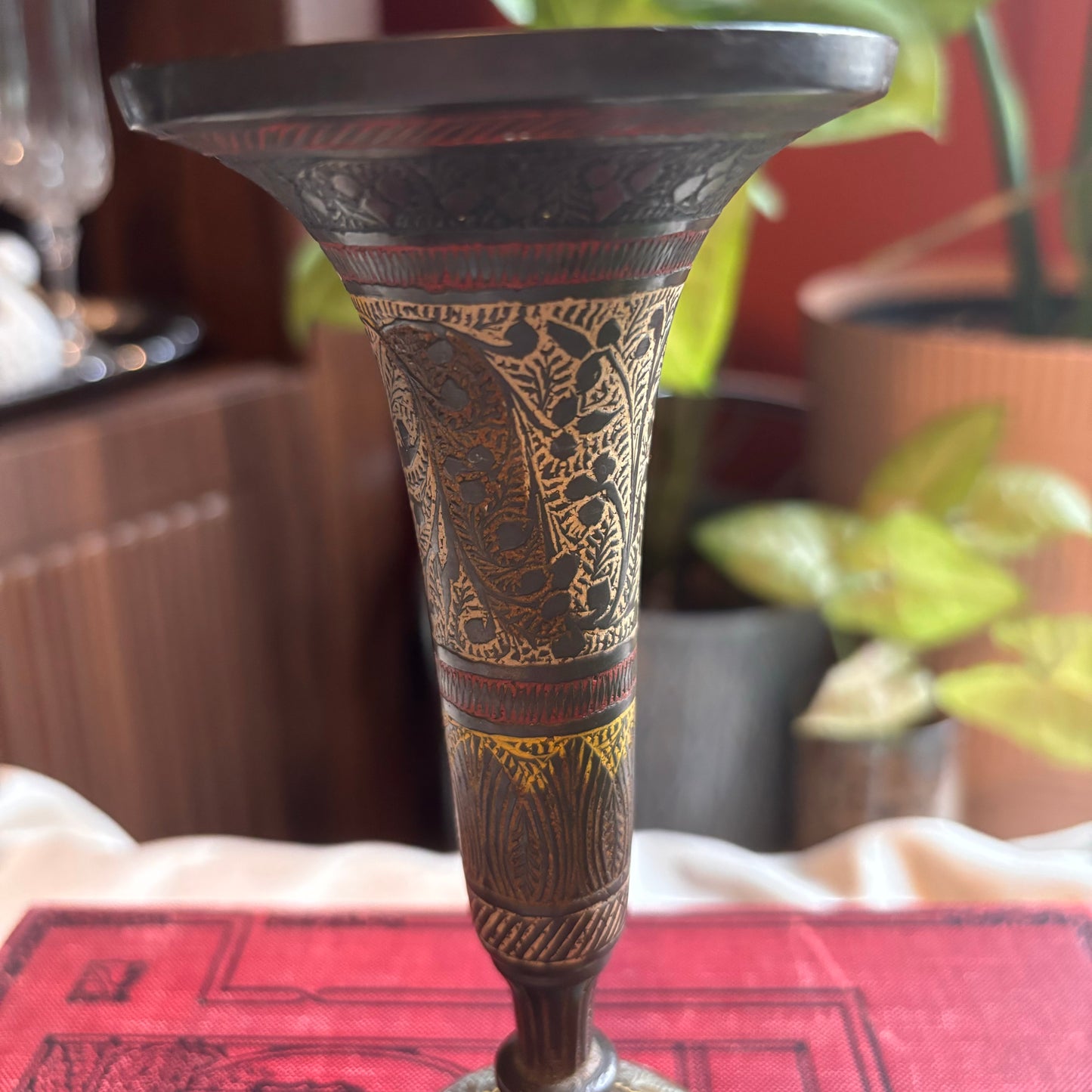 Brass Floral Enamel Vase/ Candleholder
