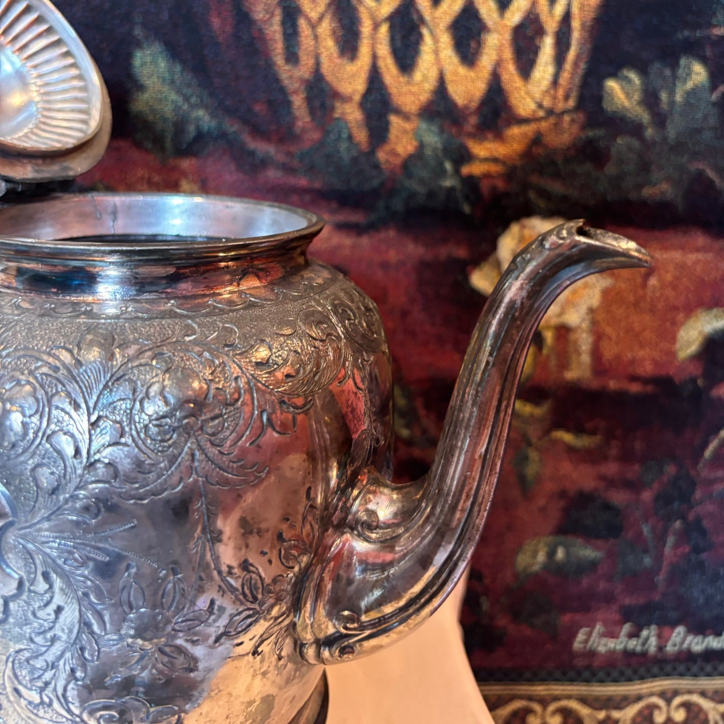 Ornate Silver Etched Floral Teapot