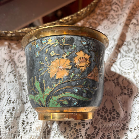 Cloisonné Floral Brass Pot