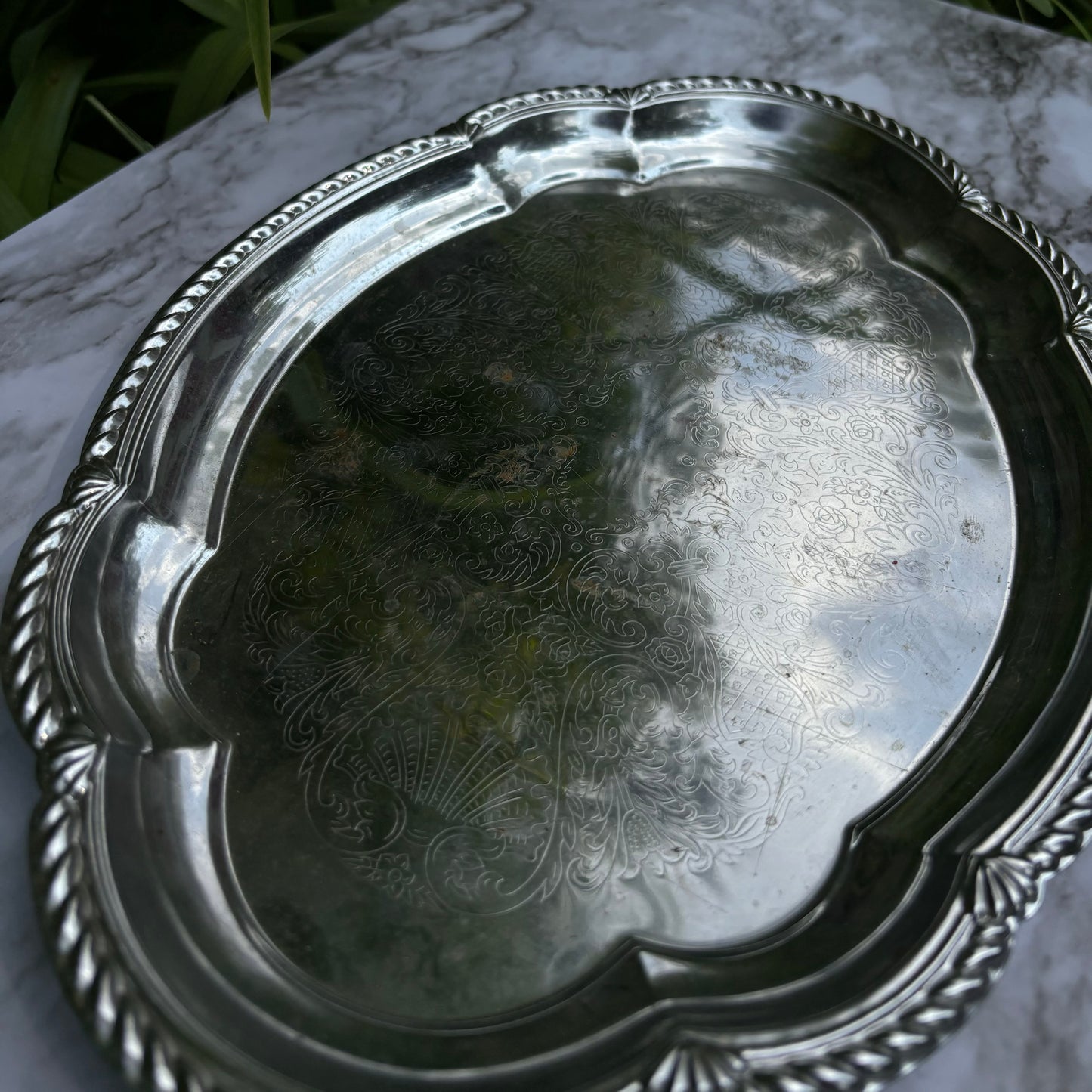 Ornate Oval Etched Metal Serving Tray