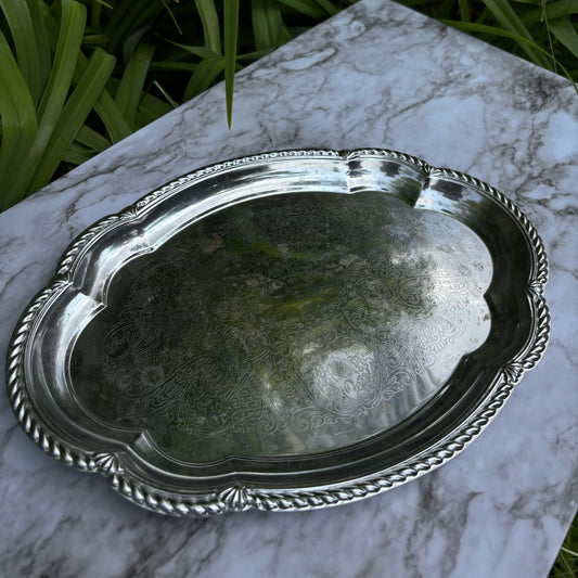 Ornate Oval Etched Metal Serving Tray