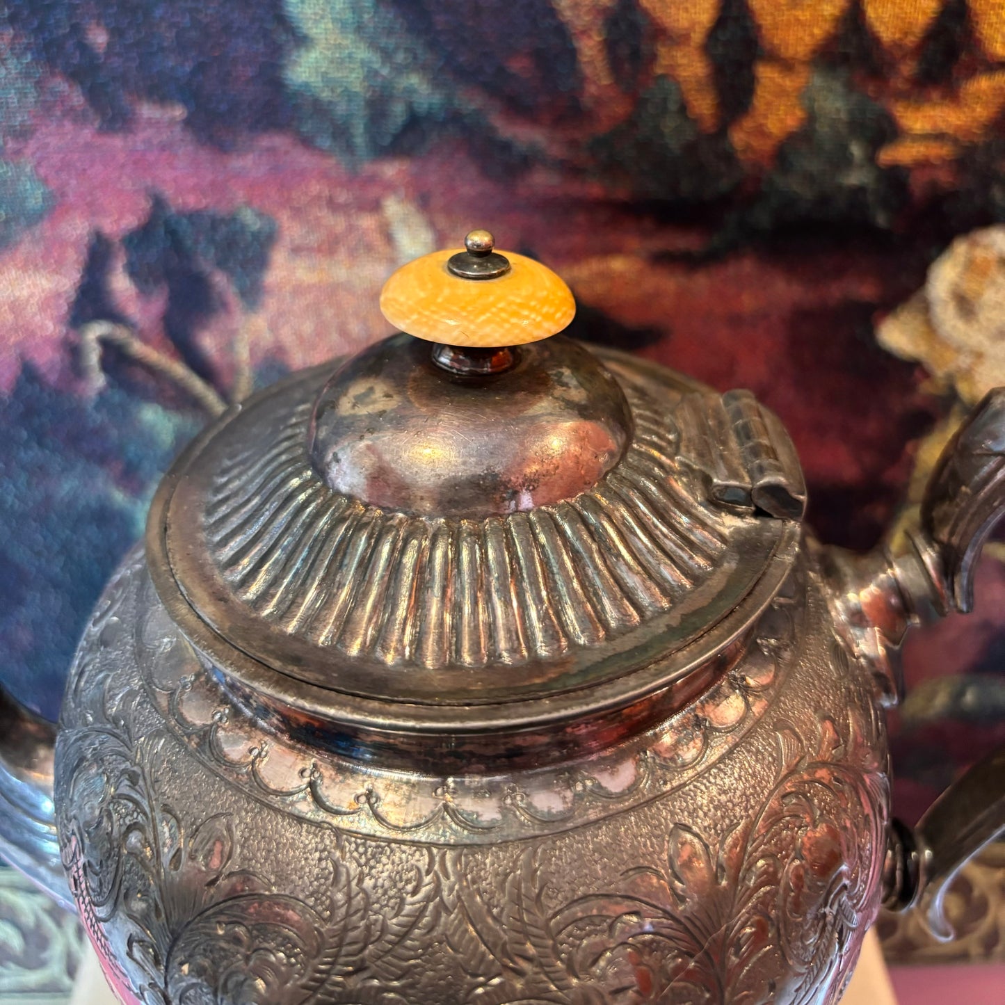Ornate Silver Etched Floral Teapot