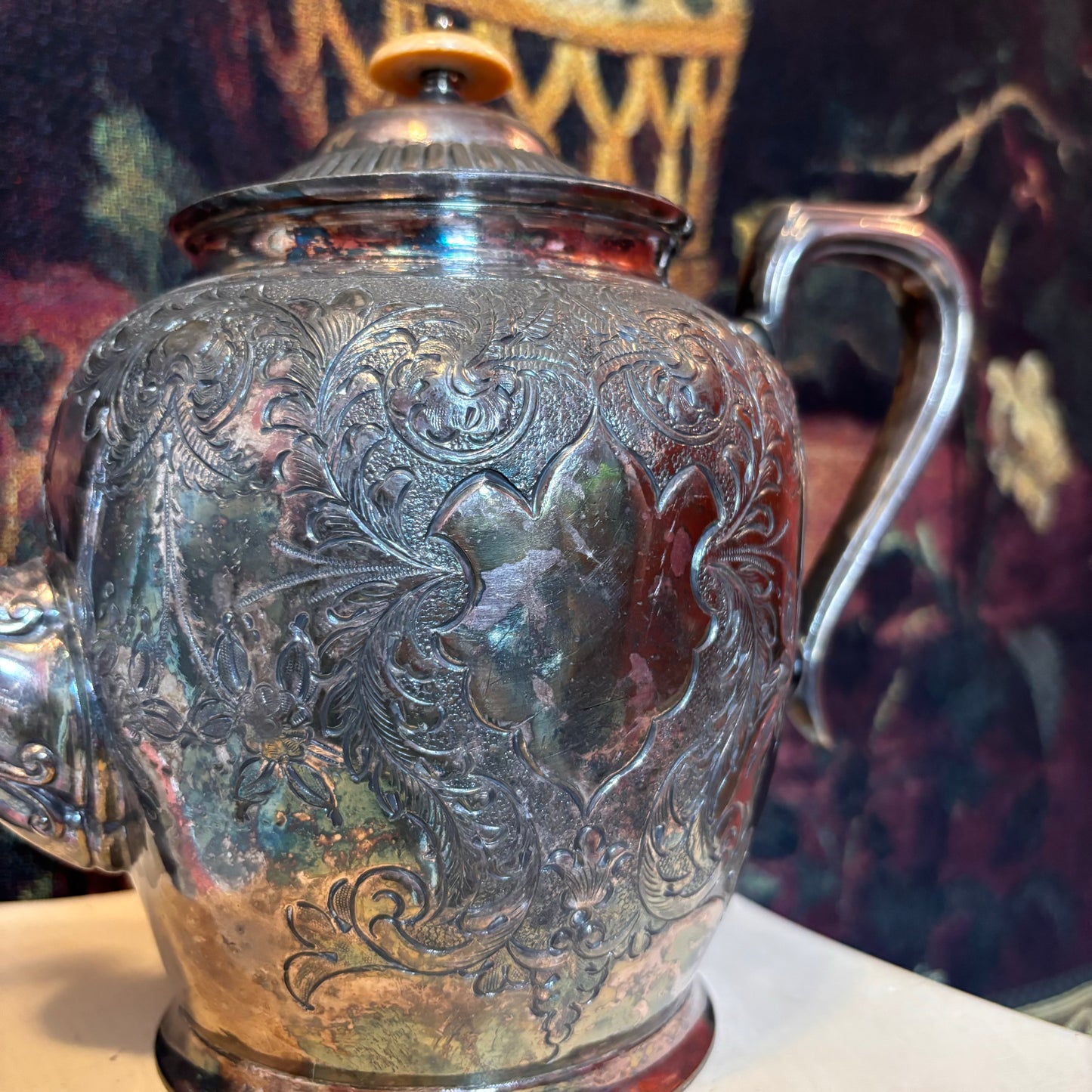 Ornate Silver Etched Floral Teapot