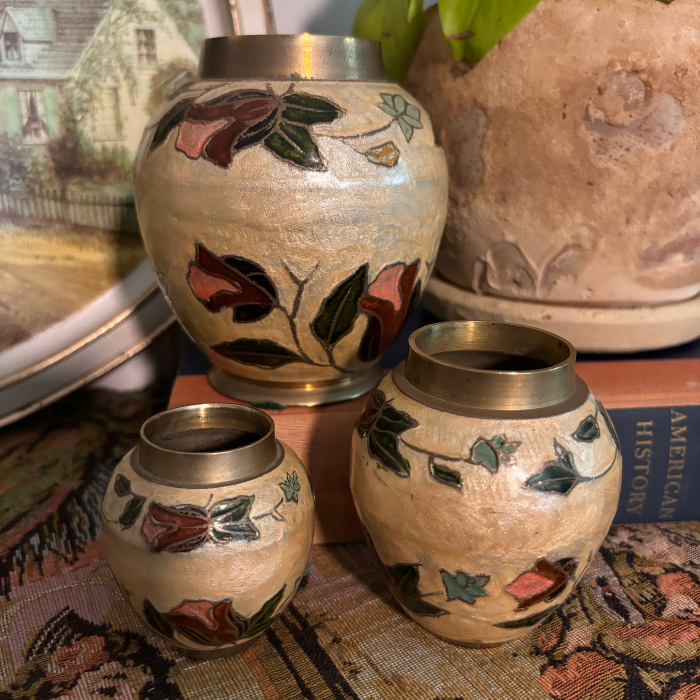 Set of Brass Cloisonné Vases